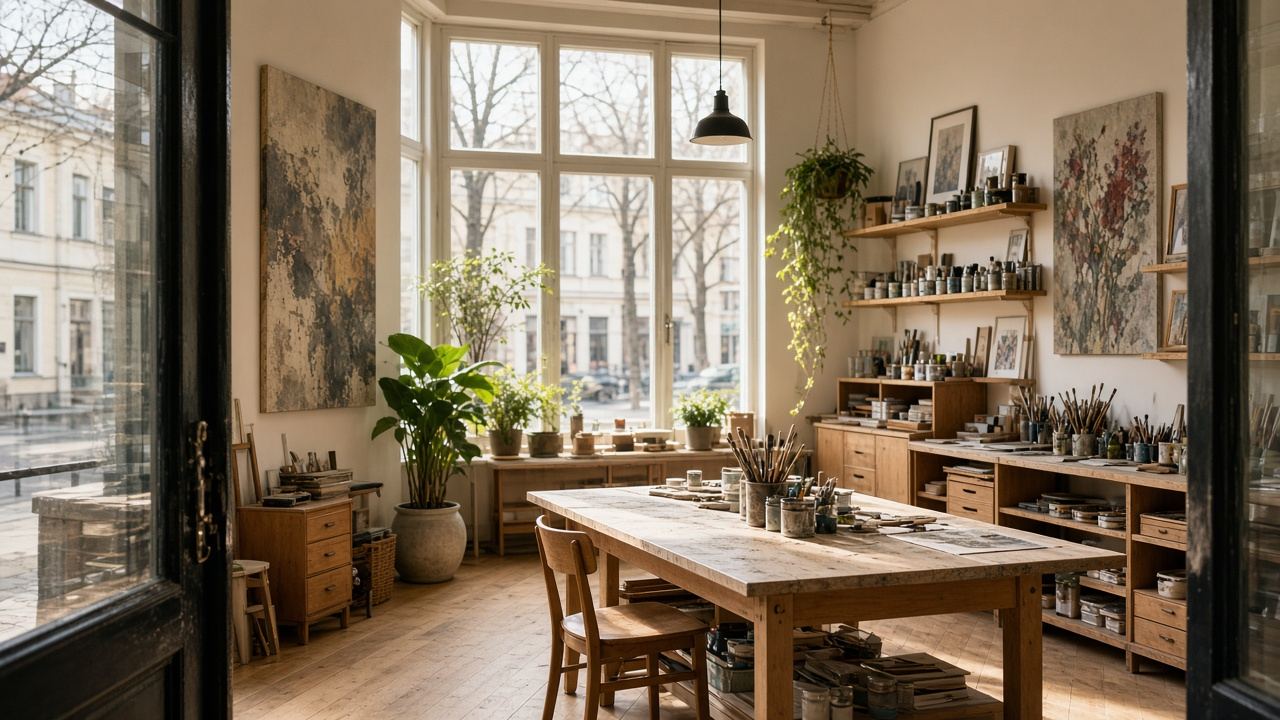 Adult art / drawing / painting studio workspace at Ritraunner House